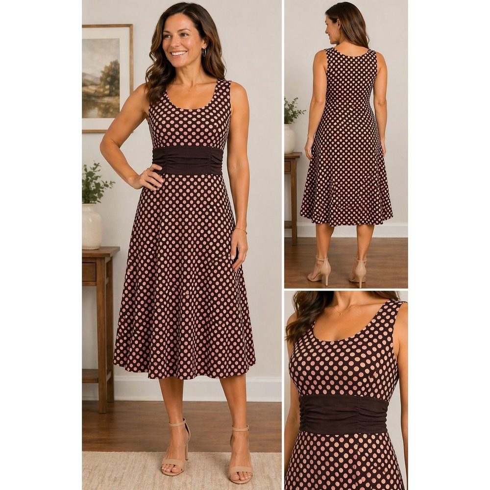 Perceptions New York Polka Dot Dress Size 12 Brown Pink Fit & Flare Sleeveless M